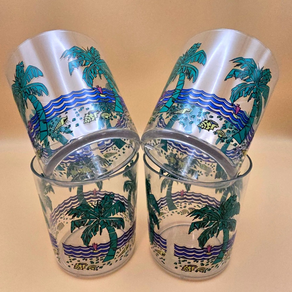 Vintage‎ Giraffe Tropical Palm Tree Acrylic Plastic Tumblers Set of 4 Beachy